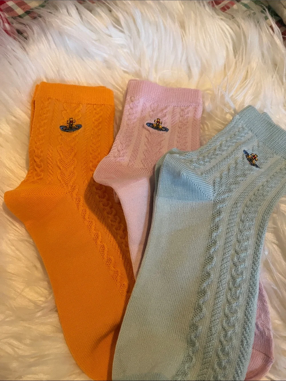 Vivienne Westwood Orange, Pink & Light Blue Cable Knit Ankle Socks 3 pair